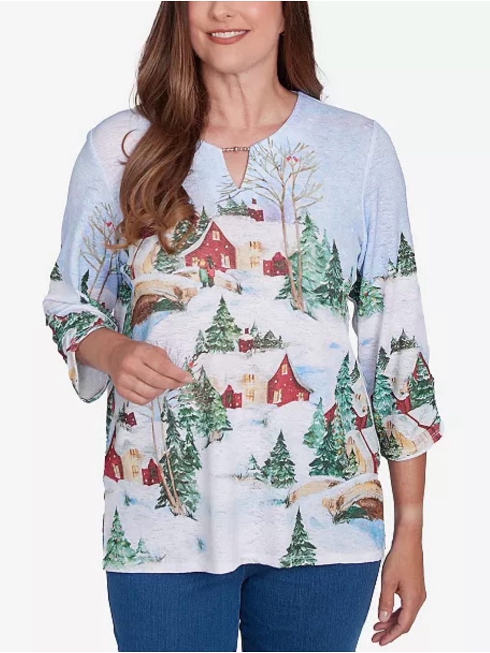 Light Blue Holiday Village Print Tunic with Notch Neck